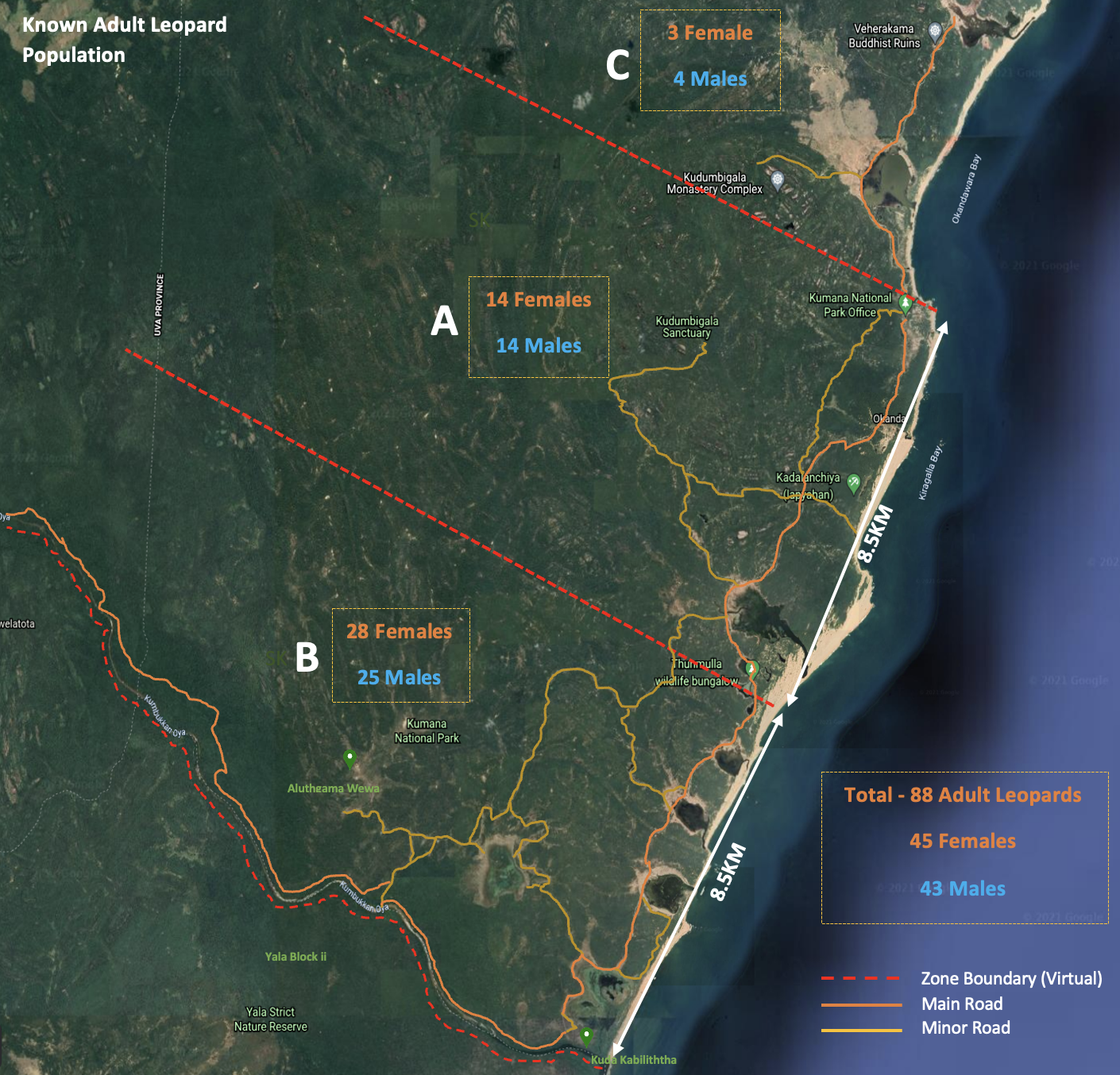 Kumana National Park Zones Map showing leopard population distribution